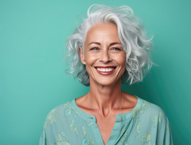smiling older woman against teal background 