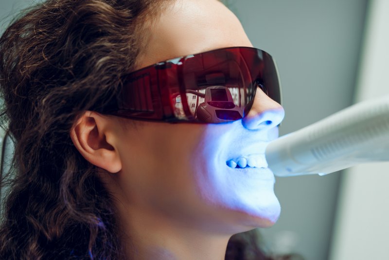 patient undergoing teeth whitening by dentist